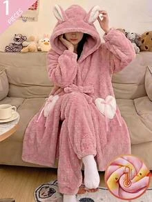 SHEIN Tween女孩兒童秋冬加厚保暖內裡長款居家服 簡約兔子圖案可愛愛心拼接設計 - 淺粉色 - 查看 13