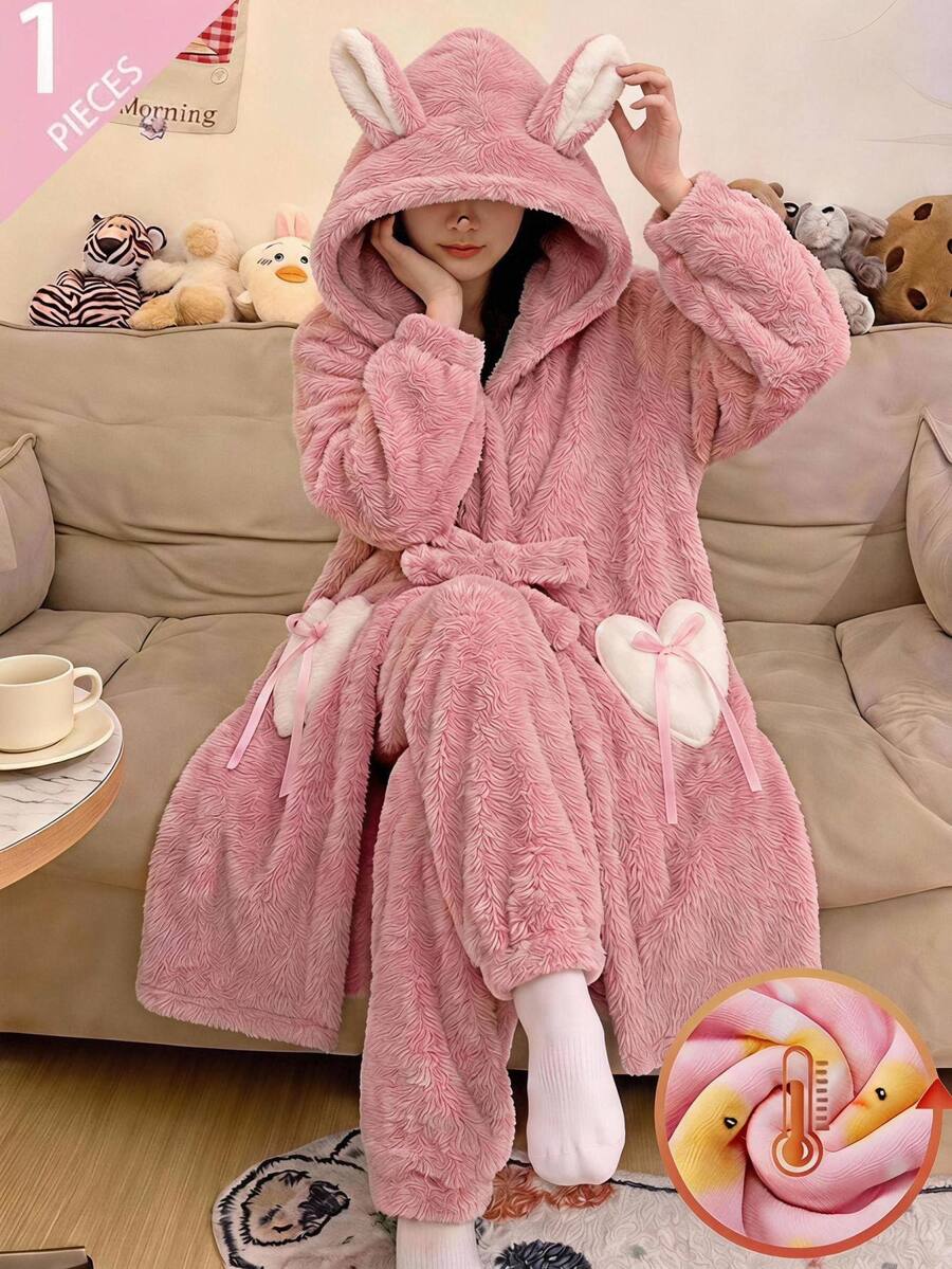 SHEIN Tween Girls Plush Thermal Lined Thickened Minimalist Rabbit Design Cute Heart Patchwork Long Loungewear Autumn Winter Tween Girl - Baby Pink - View 1