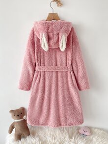 SHEIN Tween女孩兒童秋冬加厚保暖內裡長款居家服 簡約兔子圖案可愛愛心拼接設計 - 淺粉色 - 查看 2