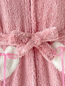 SHEIN Tween女孩兒童秋冬加厚保暖內裡長款居家服 簡約兔子圖案可愛愛心拼接設計 - 淺粉色 - 查看 5