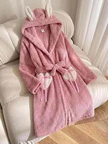 SHEIN Tween女孩兒童秋冬加厚保暖內裡長款居家服 簡約兔子圖案可愛愛心拼接設計 - 淺粉色 - 查看 8