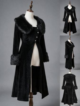 Goth-Stil Große Größen Fellkragen Offene Front Ärmel Patchwork Gold Samt Langarm Jacke Halloween