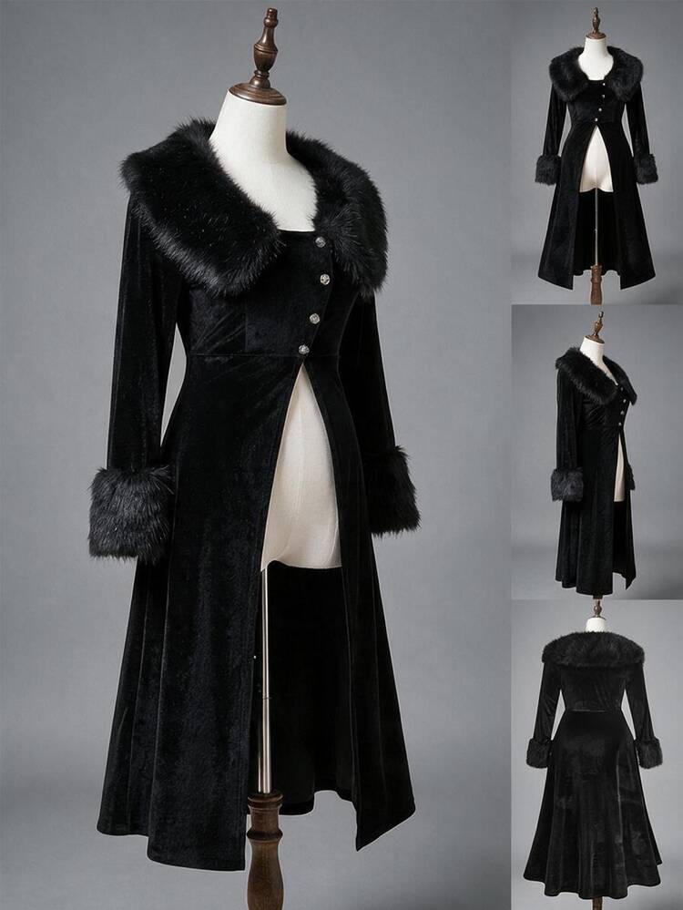 ROMWE Goth Style Plus Size Fur Collar Open Front Sleeve Patchwork Gold Velvet Long Sleeve Jacket Halloween - Black - View 1