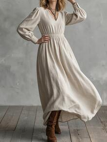 SHEIN Fall Beige Textured Long Dress Women French Style Deep V-Neck Puff Sleeves Elastic Cinched Waist Flared Hem Vintage Cottagecore Boho Brunch Picnic - Apricot - View 5