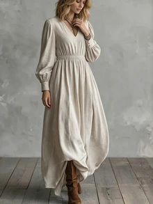 SHEIN Fall Beige Textured Long Dress Women French Style Deep V-Neck Puff Sleeves Elastic Cinched Waist Flared Hem Vintage Cottagecore Boho Brunch Picnic - Apricot - View 8
