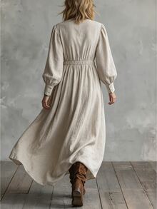 SHEIN Fall Beige Textured Long Dress Women French Style Deep V-Neck Puff Sleeves Elastic Cinched Waist Flared Hem Vintage Cottagecore Boho Brunch Picnic - Apricot - View 2