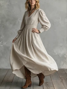 SHEIN Fall Beige Textured Long Dress Women French Style Deep V-Neck Puff Sleeves Elastic Cinched Waist Flared Hem Vintage Cottagecore Boho Brunch Picnic - Apricot - View 4