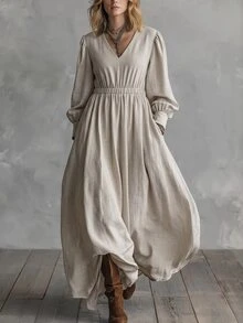 SHEIN Fall Beige Textured Long Dress Women French Style Deep V-Neck Puff Sleeves Elastic Cinched Waist Flared Hem Vintage Cottagecore Boho Brunch Picnic - Apricot - View 3