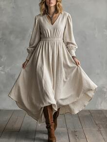 SHEIN Fall Beige Textured Long Dress Women French Style Deep V-Neck Puff Sleeves Elastic Cinched Waist Flared Hem Vintage Cottagecore Boho Brunch Picnic - Apricot - View 1