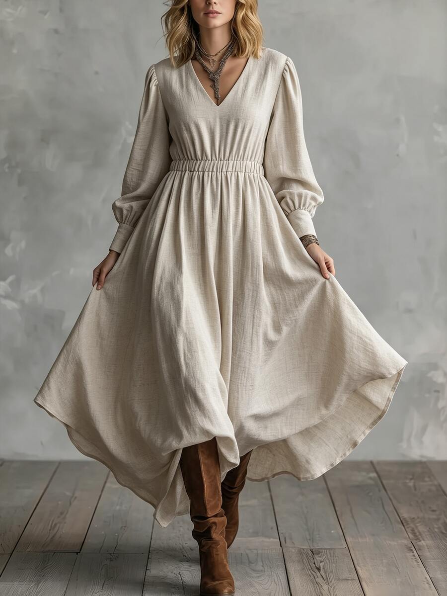 SHEIN Fall Beige Textured Long Dress Women French Style Deep V-Neck Puff Sleeves Elastic Cinched Waist Flared Hem Vintage Cottagecore Boho Brunch Picnic - Apricot - View 1
