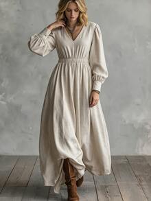 SHEIN Fall Beige Textured Long Dress Women French Style Deep V-Neck Puff Sleeves Elastic Cinched Waist Flared Hem Vintage Cottagecore Boho Brunch Picnic - Apricot - View 6