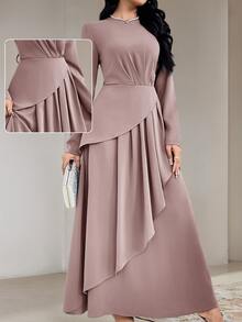 Veilorie Gaun Maxi Elegan Wanita Warna Polos Leher Bulat Lengan Panjang dengan Hiasan Rumbai di Bagian Bawah - Dusty Pink - View 3