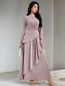 Veilorie Gaun Maxi Elegan Wanita Warna Polos Leher Bulat Lengan Panjang dengan Hiasan Rumbai di Bagian Bawah - Dusty Pink - View 2