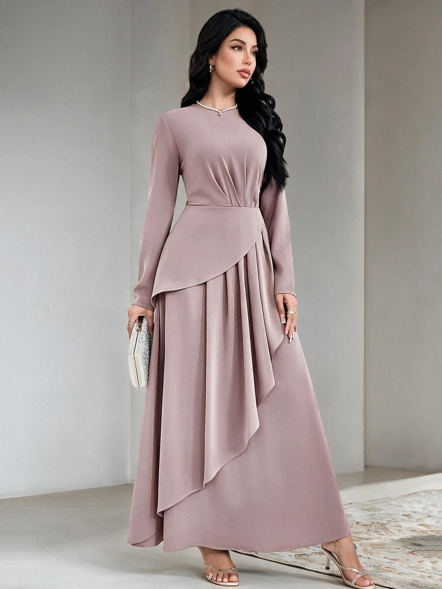 Veilorie Gaun Maxi Elegan Wanita Warna Polos Leher Bulat Lengan Panjang dengan Hiasan Rumbai di Bagian Bawah