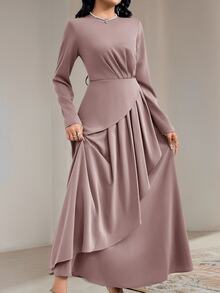 Veilorie Gaun Maxi Elegan Wanita Warna Polos Leher Bulat Lengan Panjang dengan Hiasan Rumbai di Bagian Bawah - Dusty Pink - View 7