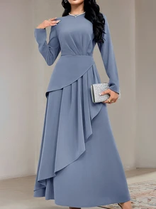 Veilorie 1pc Women Simple Solid Color Long Sleeve Ruched Casual Dress, Suitable For Daily Wear Long Evening Dresses - Blue - View 5