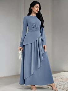 Veilorie 1pc Women Simple Solid Color Long Sleeve Ruched Casual Dress, Suitable For Daily Wear Long Evening Dresses - Blue - View 1