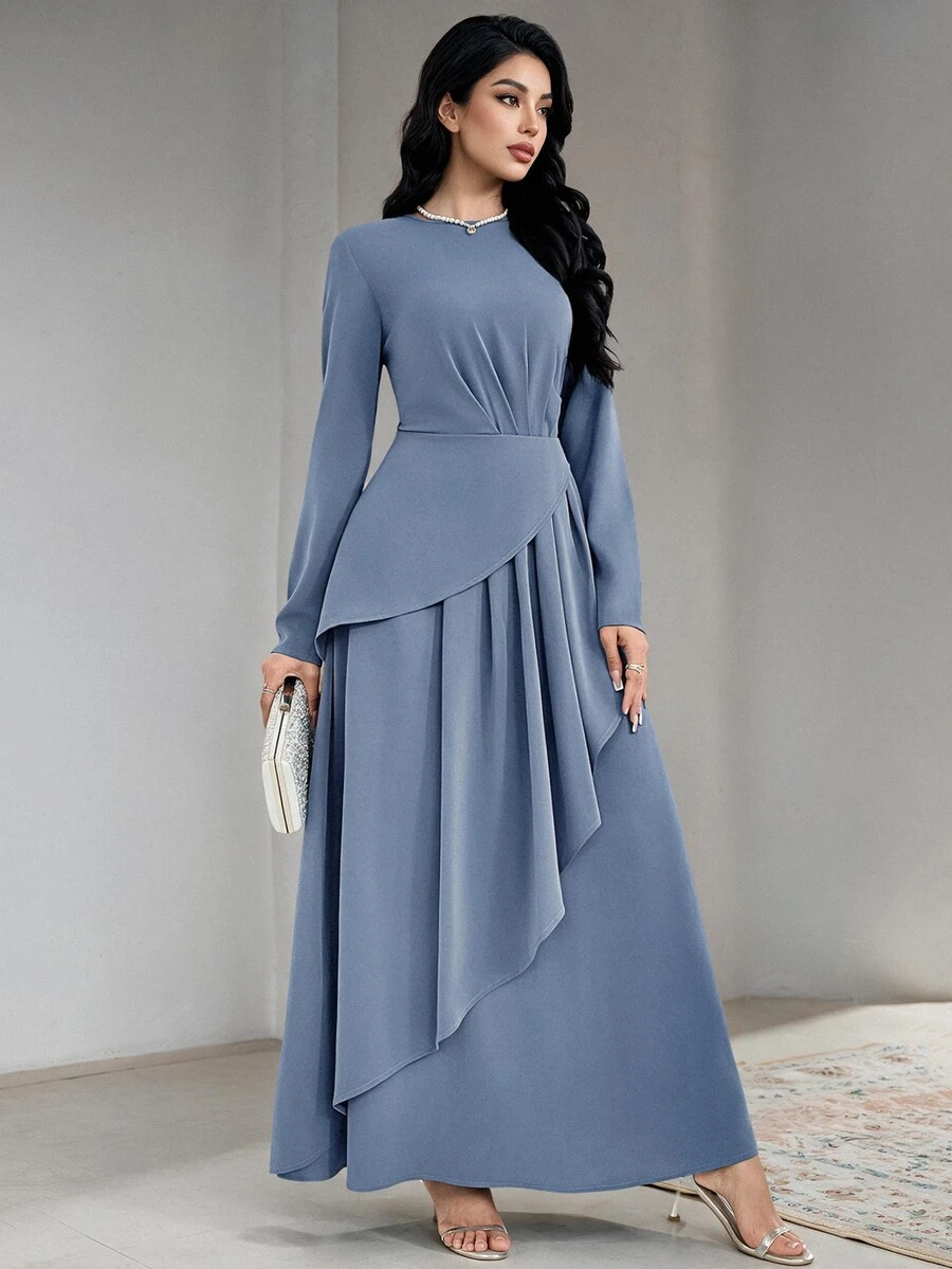 Veilorie 1pc Women Simple Solid Color Long Sleeve Ruched Casual Dress, Suitable For Daily Wear Long Evening Dresses - Blue - View 1
