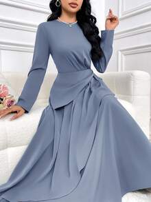 Veilorie 1pc Women Simple Solid Color Long Sleeve Ruched Casual Dress, Suitable For Daily Wear Long Evening Dresses - Blue - View 6