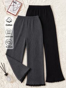 SHEIN 2 Packs Contrast Color Lace Trim Ribbed Casual Pajama Pants Set - Multicolor - View 1