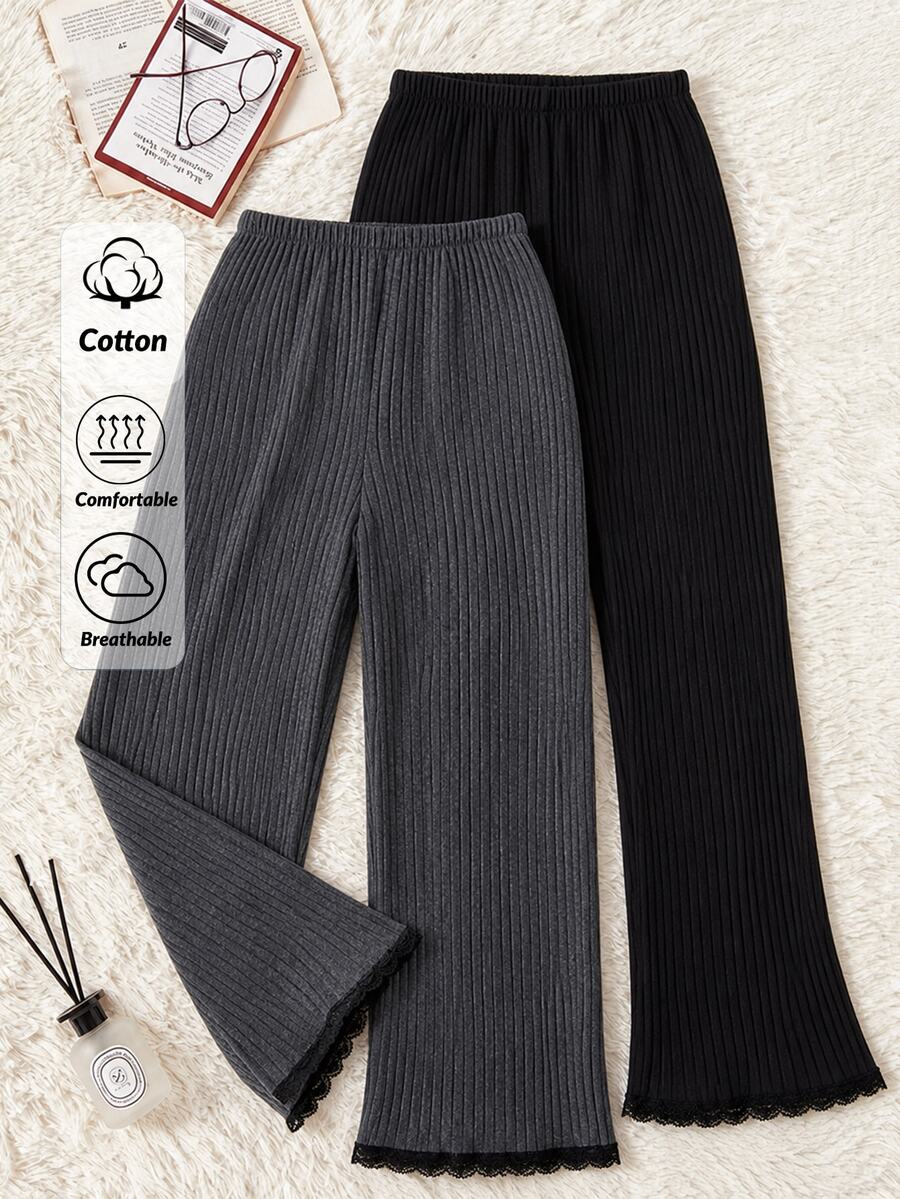 SHEIN 2 Packs Contrast Color Lace Trim Ribbed Casual Pajama Pants Set - Multicolor - View 1