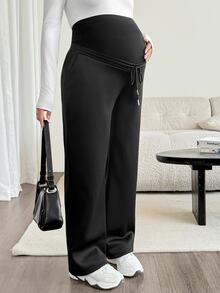 SHEIN 孕婦騎士印花可調腰寬腿休閒寬鬆運動長褲 女款 秋季居家外出孕婦慢跑家居褲 黑色 - 黑色 - 查看 4