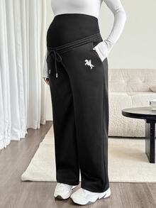 SHEIN 孕婦騎士印花可調腰寬腿休閒寬鬆運動長褲 女款 秋季居家外出孕婦慢跑家居褲 黑色 - 黑色 - 查看 5