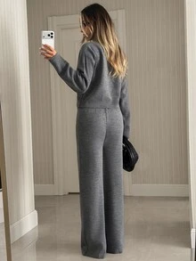 Pariaura Woman V Neck Long Sleeves With Buttons Cardigan And Pants Two Pieces Knitwear Set - Dark Grey - View 9