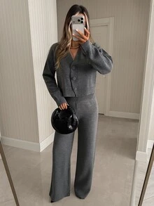 Pariaura Woman V Neck Long Sleeves With Buttons Cardigan And Pants Two Pieces Knitwear Set - Dark Grey - View 4