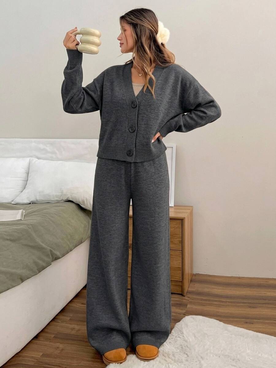Pariaura Woman V Neck Long Sleeves With Buttons Cardigan And Pants Two Pieces Knitwear Set - Dark Grey - View 1