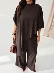 Auralis Plus Size Brown Batwing Sleeve Cape Loose Casual Set/Wide Leg Pants Party Elegant/Everyday Two Pieces Set / Extra-Long Top / Cape Fall - Brown - View 5