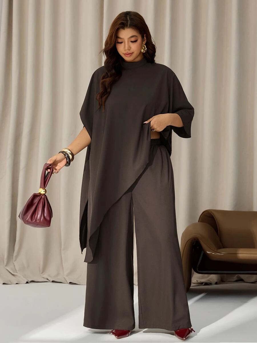 Auralis Plus Size Brown Batwing Sleeve Cape Loose Casual Set/Wide Leg Pants Party Elegant/Everyday Two Pieces Set / Extra-Long Top / Cape Fall - Brown - View 1