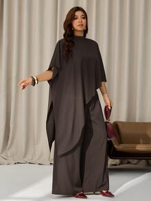 Auralis Plus Size Brown Batwing Sleeve Cape Loose Casual Set/Wide Leg Pants Party Elegant/Everyday Two Pieces Set / Extra-Long Top / Cape Fall - Brown - View 2