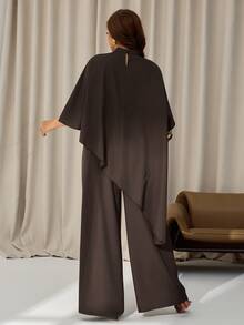 Auralis Plus Size Brown Batwing Sleeve Cape Loose Casual Set/Wide Leg Pants Party Elegant/Everyday Two Pieces Set / Extra-Long Top / Cape Fall - Brown - View 3
