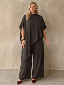 Auralis Plus Size Brown Batwing Sleeve Cape Loose Casual Set/Wide Leg Pants Party Elegant/Everyday Two Pieces Set / Extra-Long Top / Cape Fall - Brown - View 9