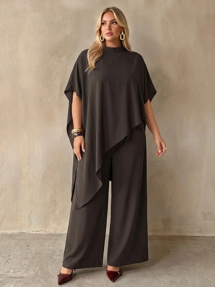 Auralis Plus Size Brown Batwing Sleeve Cape Loose Casual Set/Wide Leg Pants Party Elegant/Everyday Two Pieces Set / Extra-Long Top / Cape Fall - Brown - View 1