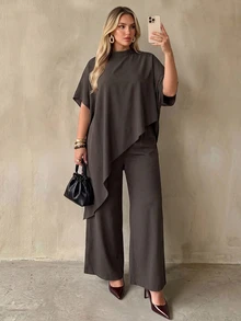 Auralis Plus Size Brown Batwing Sleeve Cape Loose Casual Set/Wide Leg Pants Party Elegant/Everyday Two Pieces Set / Extra-Long Top / Cape Fall - Brown - View 8