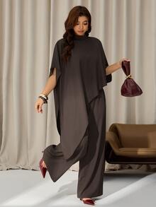 Auralis Plus Size Brown Batwing Sleeve Cape Loose Casual Set/Wide Leg Pants Party Elegant/Everyday Two Pieces Set / Extra-Long Top / Cape Fall - Brown - View 4