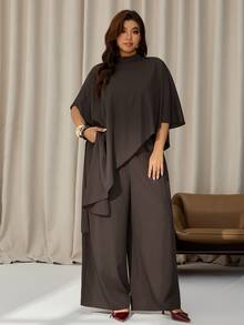 Auralis Plus Size Brown Batwing Sleeve Cape Loose Casual Set/Wide Leg Pants Party Elegant/Everyday Two Pieces Set / Extra-Long Top / Cape Fall - Brown - View 6