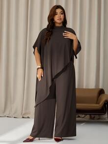 Auralis Plus Size Brown Batwing Sleeve Cape Loose Casual Set/Wide Leg Pants Party Elegant/Everyday Two Pieces Set / Extra-Long Top / Cape Fall - Brown - View 7