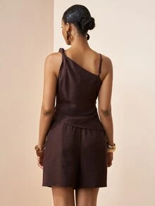 Zivah Women 2-Piece Set Dark Brown,Summer,Elegant,Holiday,Vacation,Holiday Vintage Style Asymmetric Shoulder Strap Twist Pleated Sleeveless Top&Shorts Set - Brown - View 3