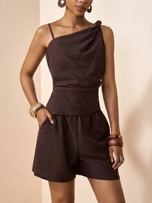Zivah Women 2-Piece Set Dark Brown,Summer,Elegant,Holiday,Vacation,Holiday Vintage Style Asymmetric Shoulder Strap Twist Pleated Sleeveless Top&Shorts Set - Brown - View 5