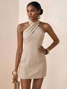 Zivah Summer Tan Elegant Casual Unique Women's Mini Dress, Linen Fitted Cross-Strap Cold Shoulder Boho Holiday Vacation Dresses, Party Brunch - Apricot - View 2