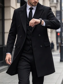 Manfinity Bizformal 男士純色長袖休閒雙排扣大衣 - 黑色 - 查看 3