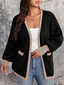 EMERY ROSE كارديجان محبوك للنساء بمقاس كبير مع حافة متباينة وخطوط عمودية وياقة على شكل حرف V، أكمام طويلة فضفاضة على شكل فانوس، كنزة صوفية خفيفة الوزن بأسلوب فاخر، طول متوسط، تصميم جذاب ومقلل للوزن مع حافة لامعة، مناسب للتنقل اليومي والتنسيق متعدد الطبقات - متعدد الألوان - مشاهدة 3