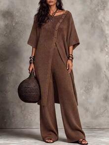 LUMIGAL Women's 2 Pieces Elegant Asymmetric Single-Breasted Long Top And Wide-Leg Pants Set - Coffee Brown - View 5