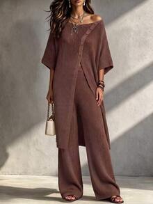 LUMIGAL Women's 2 Pieces Elegant Asymmetric Single-Breasted Long Top And Wide-Leg Pants Set - Coffee Brown - View 4
