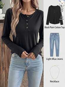 Easowa Pure Black Solid Color Cotton Button Front Long Sleeve T-Shirt Women's Top, Everyday Home Autumn Casual - Black - View 7