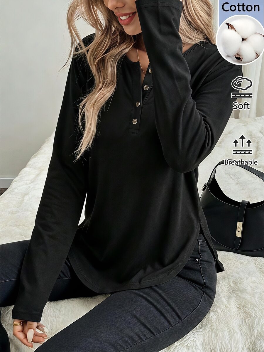 Easowa Pure Black Solid Color Cotton Button Front Long Sleeve T-Shirt Women's Top, Everyday Home Autumn Casual