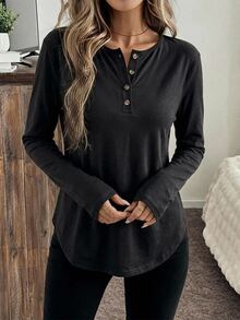 Easowa Pure Black Solid Color Cotton Button Front Long Sleeve T-Shirt Women's Top, Everyday Home Autumn Casual - Black - View 6